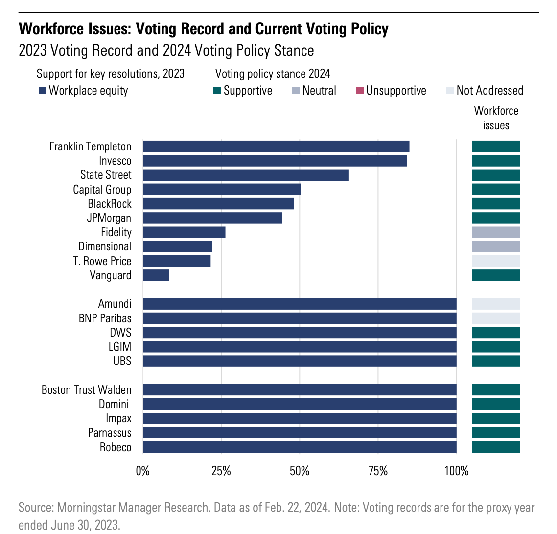 Bar graph showing the 2023 voting record on workplace equity and 2024 voting policy stance on workforce issues from large US managers, European managers, and sustainability-focused managers.